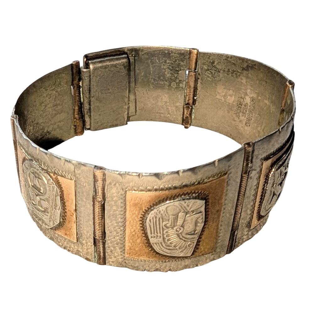 Taxco Sterling Silver Panel Bracelet Mixed Metal Embossed Mexican Artisan 7.5 in - Picture 2 of 14